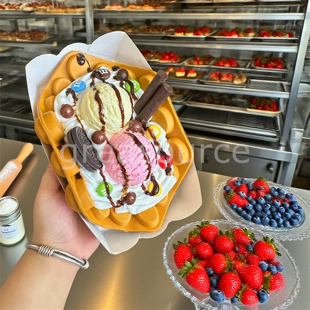

Freshly Baked Crispy Egg Waffles Handmade Ice Cream Balls Vanilla Biscuit Topping Crack Sauce Dish Model Bubble Soft Decoratio