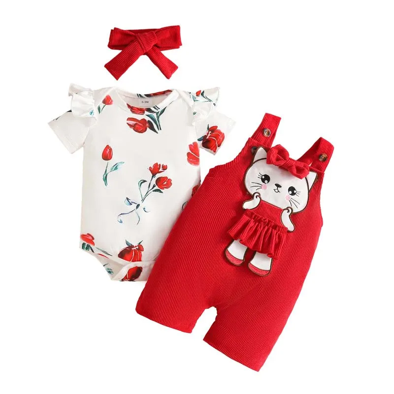 0-18 Months Baby Girl Clothing 3Piece Outfits Summer Printed Bodysuits+Cute Little Bear Suspender Trousers+Headband Newborn Set
