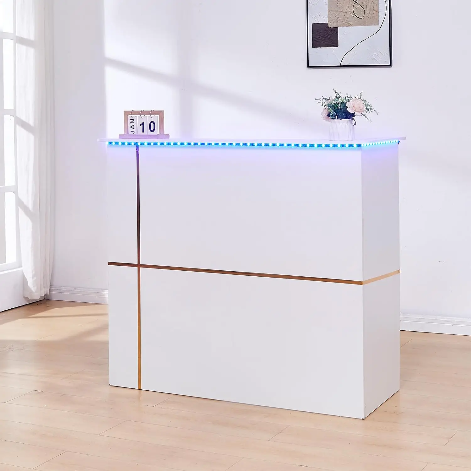 50" Reception Desk – Modern Front Desk with Lockable Drawer, Keyboard Tray, Storage Cabinet, Built-in Power Outlet, LED Lights &