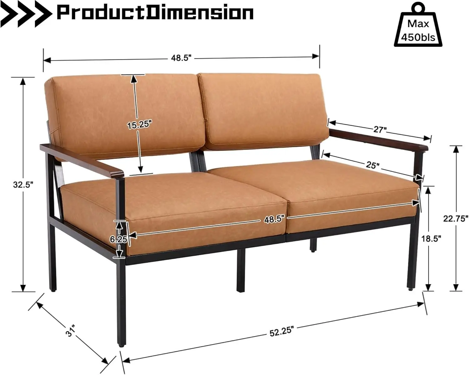52 Inch Brown Faux Leather Loveseat Couches for Living Room Mid Century Modern Sofa with 2 Seat Upholstered Cushion and Metal Fr