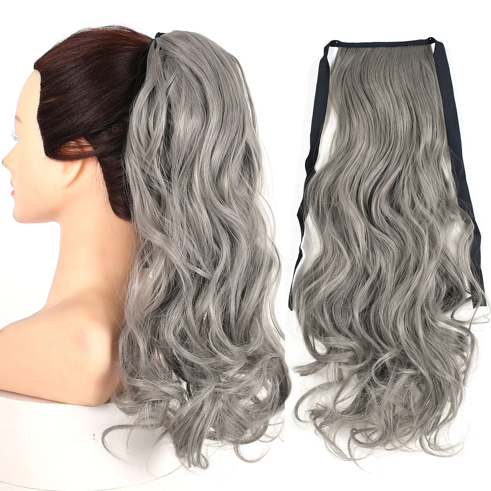 Synthetic Hair Ponytail Extension Long Straight &Wavy Clip On Hair Tail Black Grey Color Cosplay Hairpiece