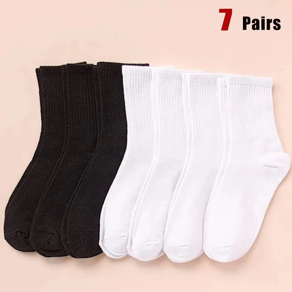 7 Pairs Mid Length Socks Women's Classic Black White Solid Color Fashionable Casual Sports Sweat Absorbing Breathable Men Socks