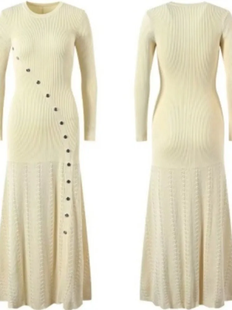 ผู้หญิงฤดูใบไม้ร่วงถัก Midi ชุด O-คอเดี่ยว Slim แยกสีทึบ Elegant Dresses Femme แฟชั่นงานแต่งงานพรหมเสื้อผ้า