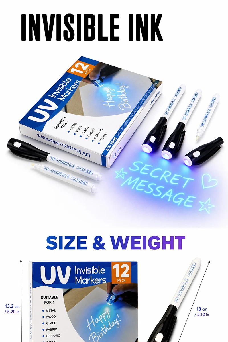 12 Stück UV-Licht unsichtbare Marker, verschwindende Tinte, Schreibstift, verstecktes Notizwerkzeug, Kunst, Kreation, DIY, Basteln, universelles Bürobedarf – Detail 5