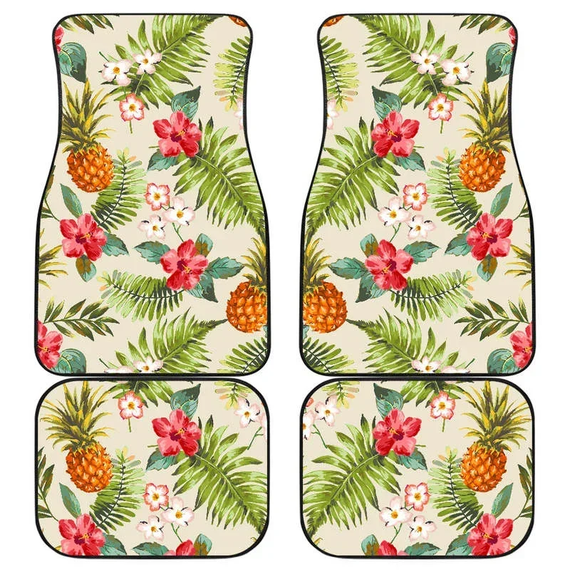 White Aloha Pineapple Pattern Print Front and Back Car Floor Mats Heavy Carpet Front and Rear Full Set 4PCs Pack