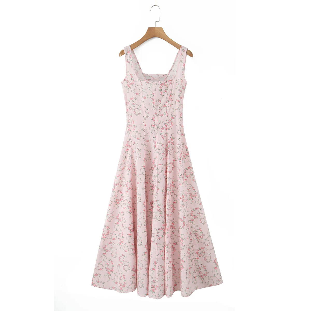 2025 Sweet Pink Floral Print Square Collar Tank Dress Women Cross Lacing up Bandage Back Swing A line Midi Long Dresses Robe