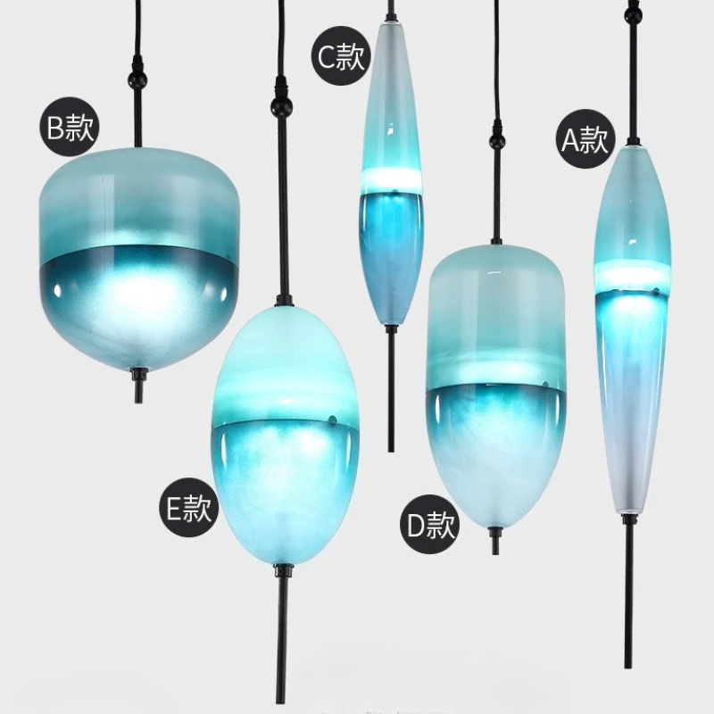 Lustre suspenso de fio moderno, conjunto de 5 estilos, vidro gradiente azul nórdico, luminária pendente LED para café, vila, hotel, economia de energia