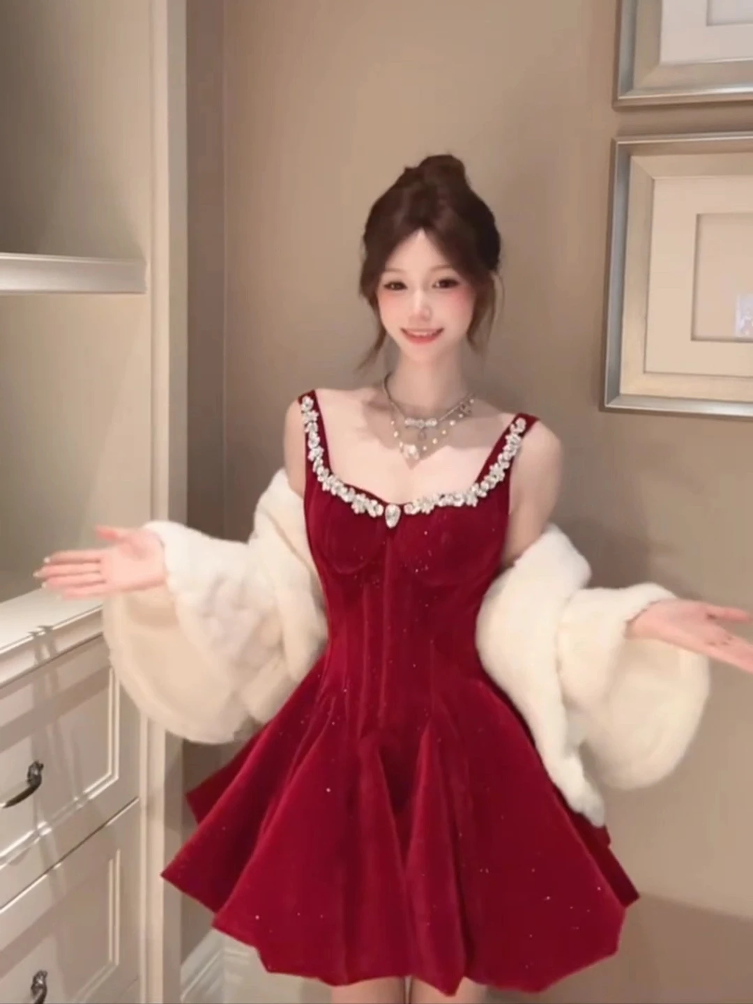 

XZY Red Diamond Embedded Strap Dr Women's plus Size Winter High End New Year Cisas Costume French Sle Slim Fit ort...