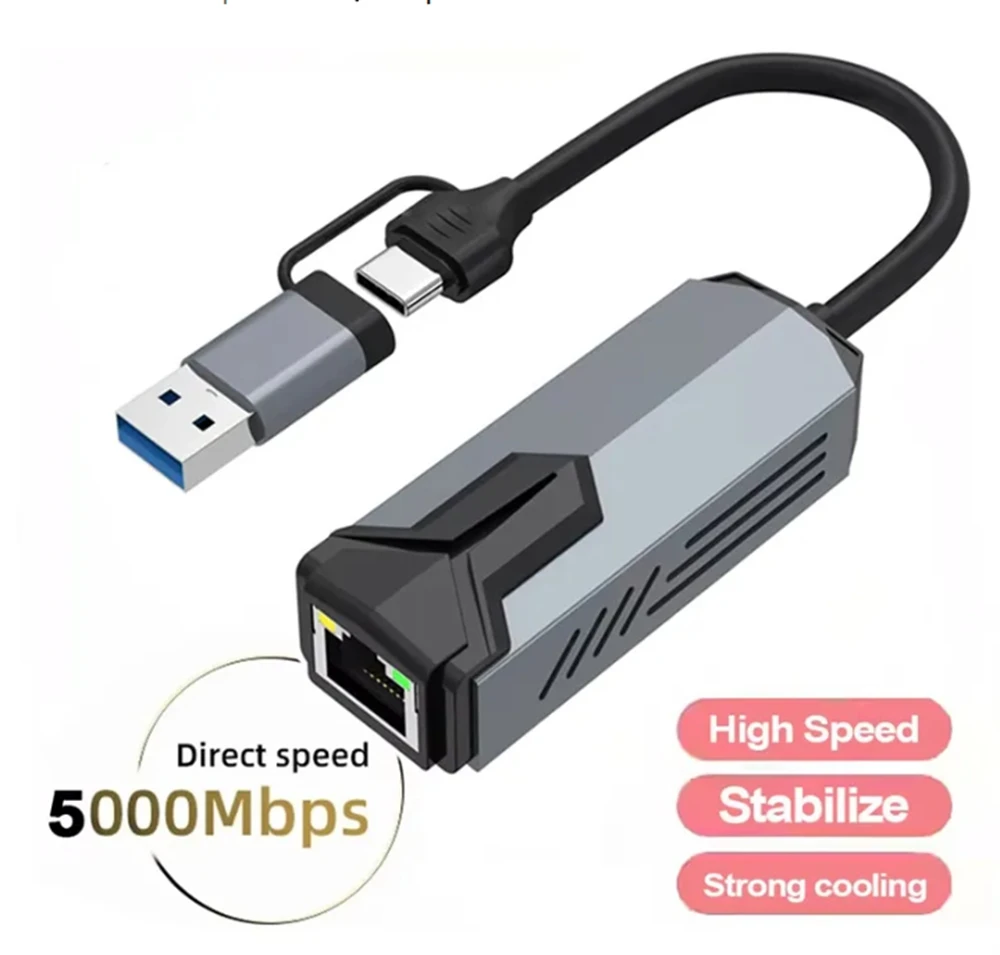 

5000Mbps Ethernet Adapter 5G USB 3.0 Type C to RJ45 Network Card Wired Ethernet Gigabit Adapter Lan Card Hub for MacBook iPad