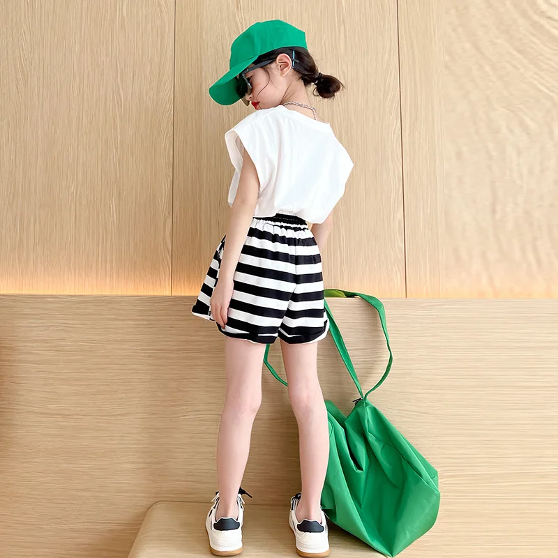 Summer Girls Clothing Sets 2pcs Tracksuit Children Cotton Suit kids Striped Outfits 10-12T Tees+Shorts Girls Clothes Casual Sets