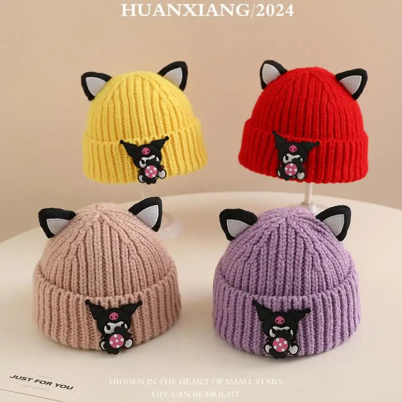 Anime Cartoon Kuromi Autumn and Winter Knitted Hat with Ears Kawaii Student Outdoor Cold-Proof and Warm Thickened Pullover Hat