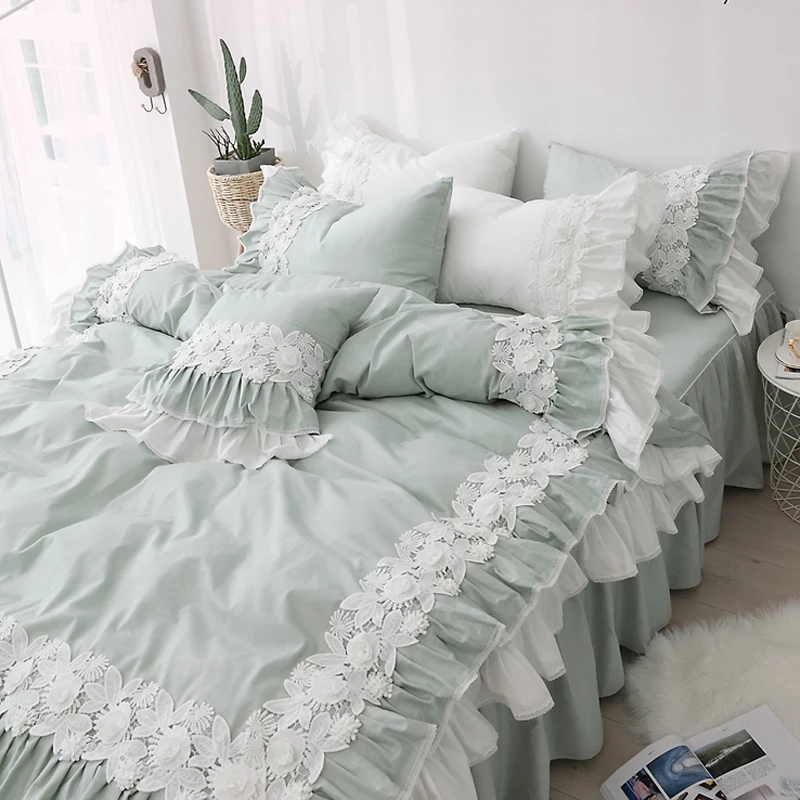 Green Bed Sheet Bed 4 Four-Piece Set All Cotton Pure Cotton Princess Style Cute Girl Heart Bedding Summer