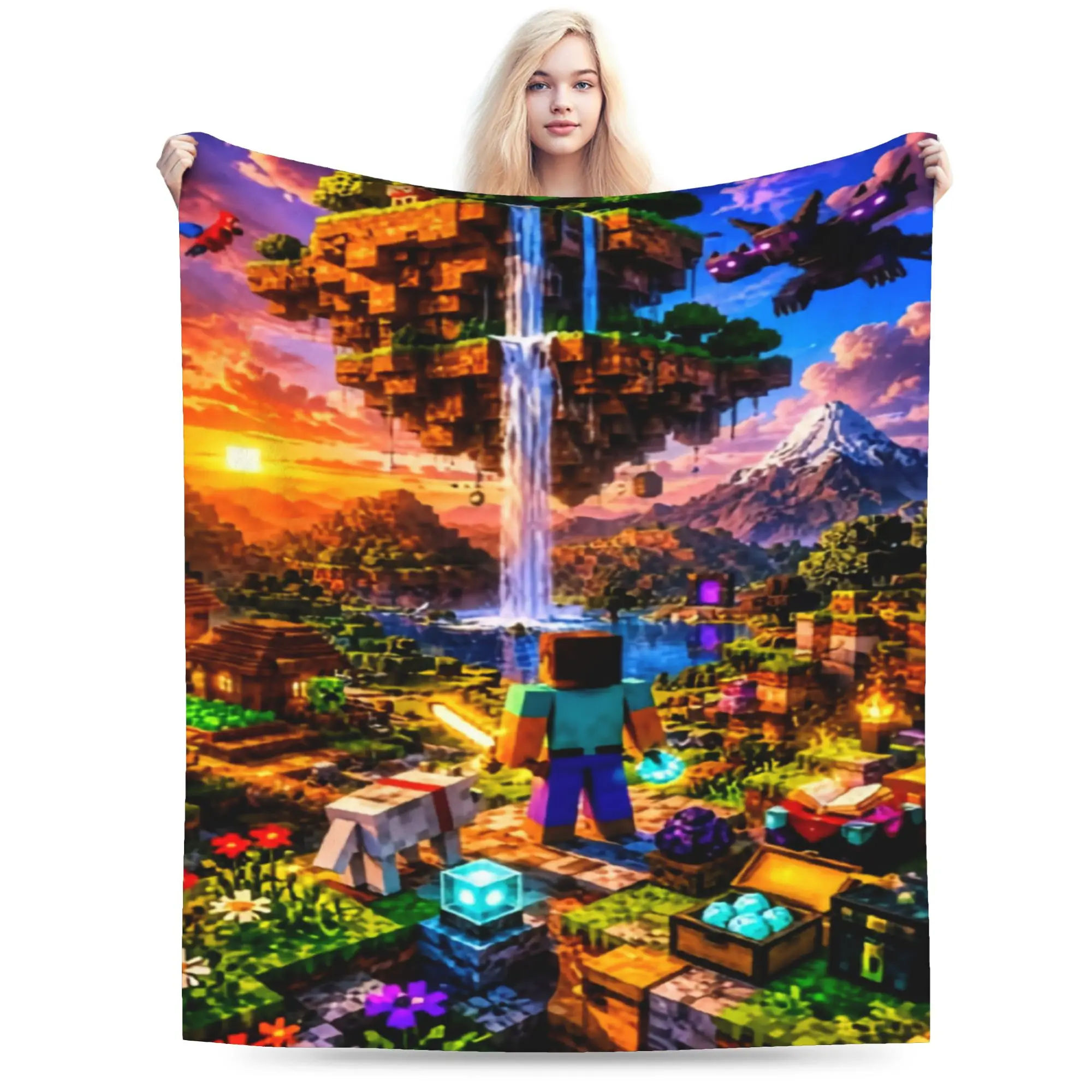 M-Minecrafts Sunset Scenery Flannel Blanket  Super Soft Throw Blanket for Couch Bed Camping Fluffy Bedspread Sofa Bed Cover