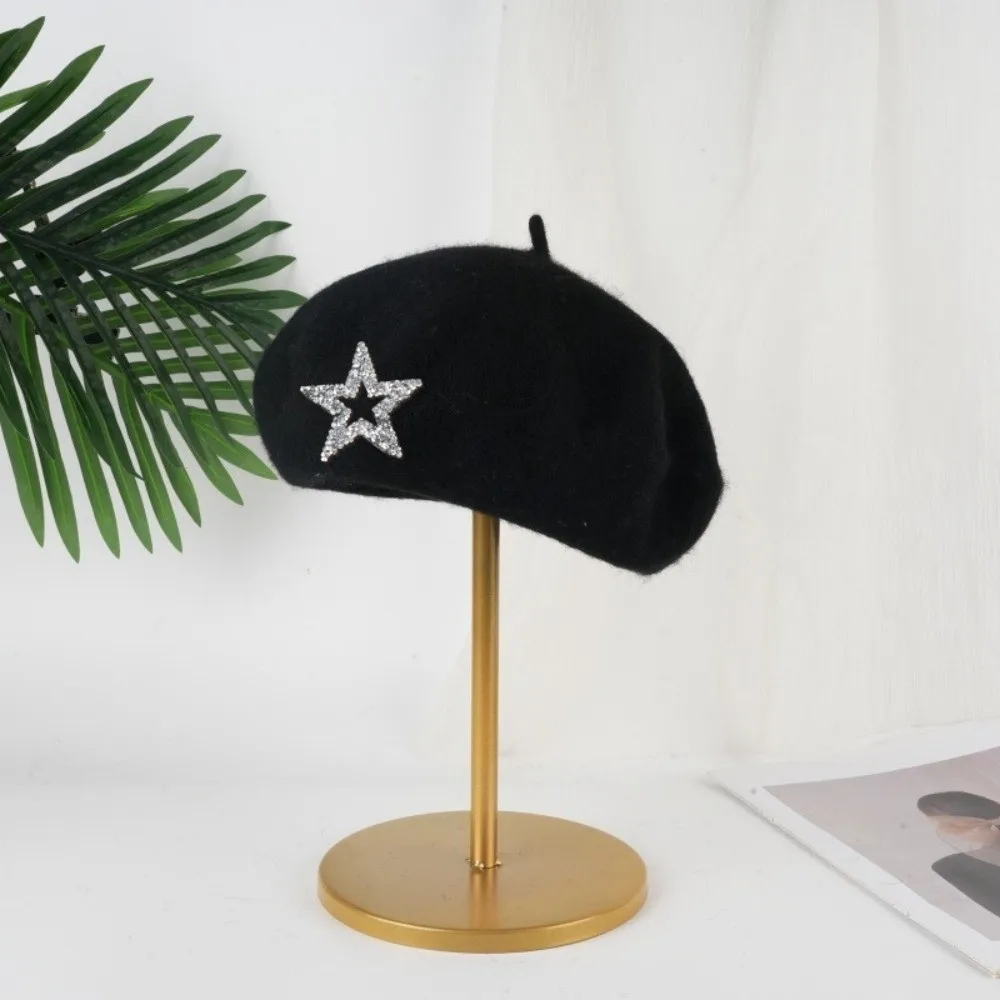 Y2K Fashion Five-Pointed Star Wool Beret Solid Color Soft Knitted Painter Hat Rhinestone Decor Warm Beanie Cap Winter