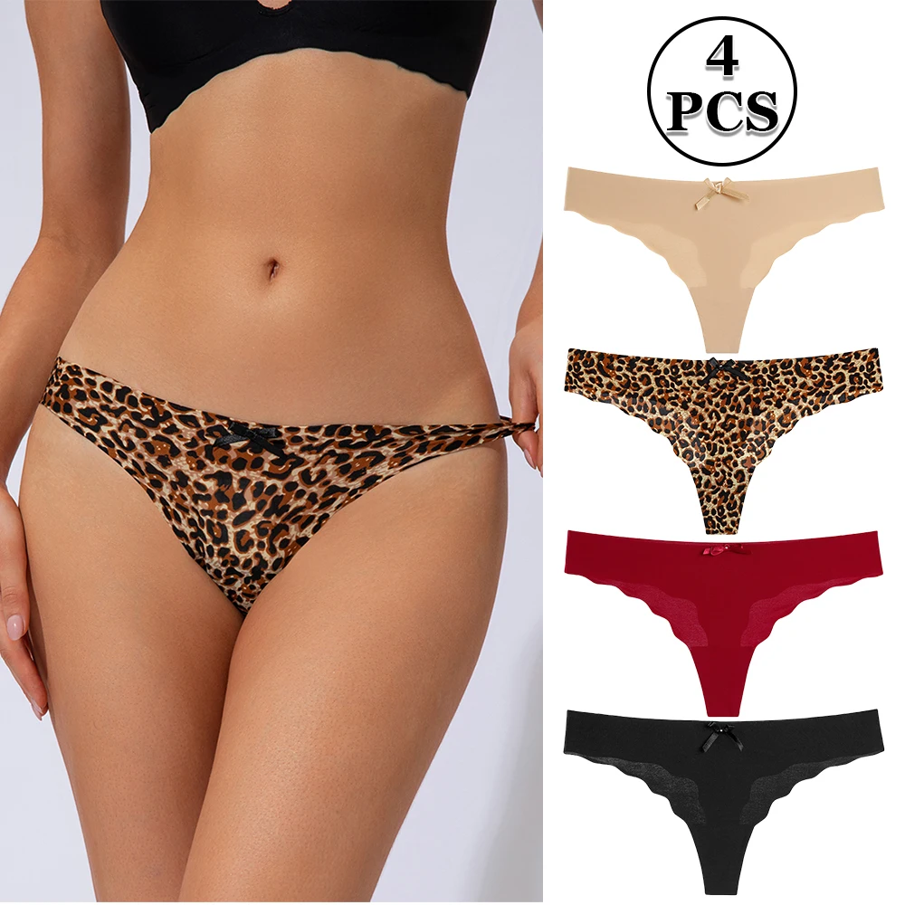 

4 pieces ice silk seamless women's panties pure desire sexy lingеrie low waist sports thong elastic one-piece invisible T pants