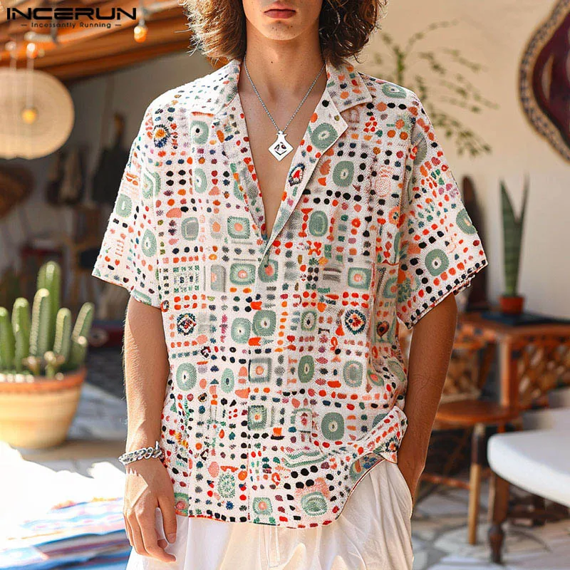 

INCERUN Men's Shirt Printing Summer Lapel Short Sleeve Casual Men Clothing Summer Streetwear 2024 Fashion Leisure Shirts S-5XL