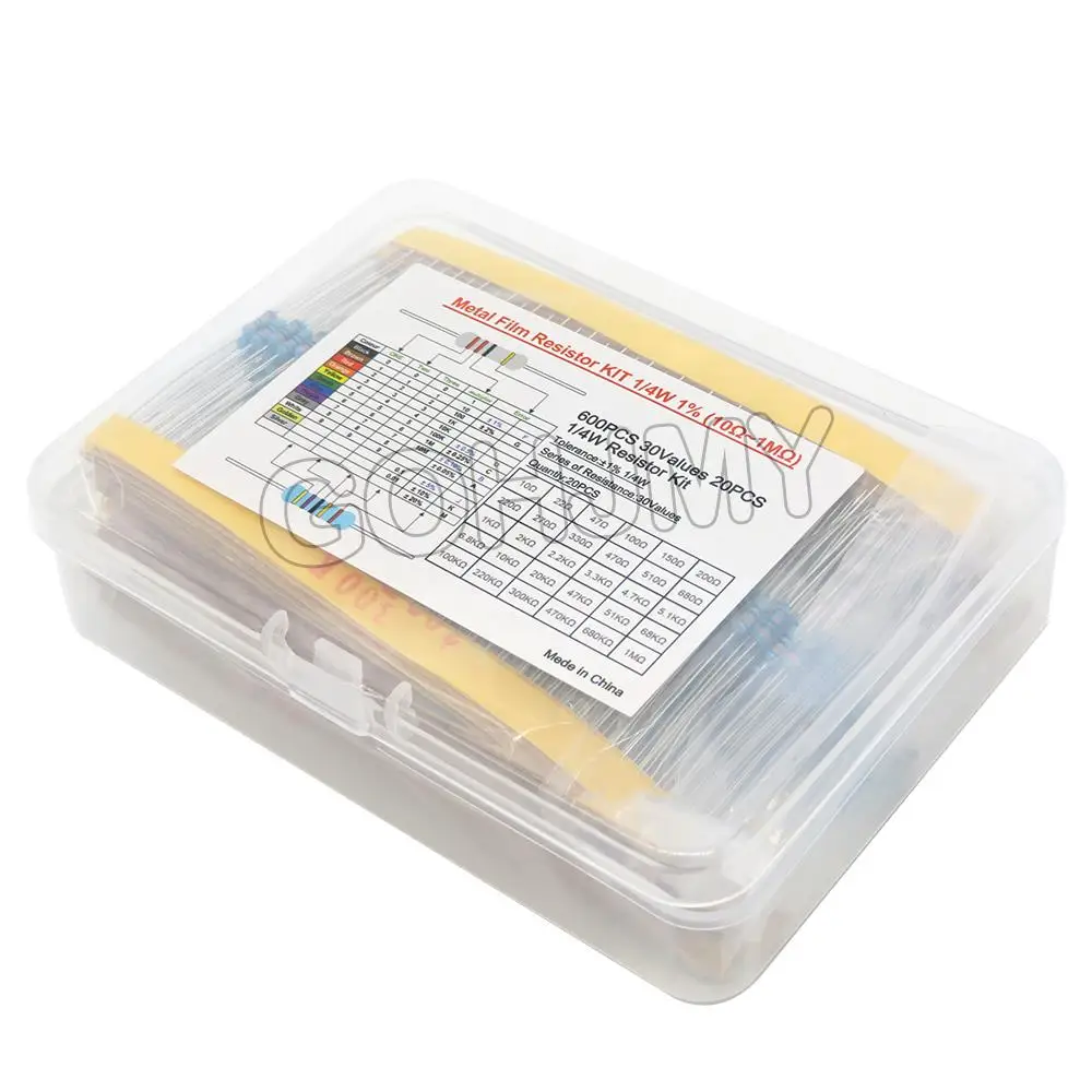 600PCS 30Values* 20PCS 1% 1/4 W resistor pack set diy Metal Film Resistor kit use colored ring resistance (10 ohms~1 M ohm)