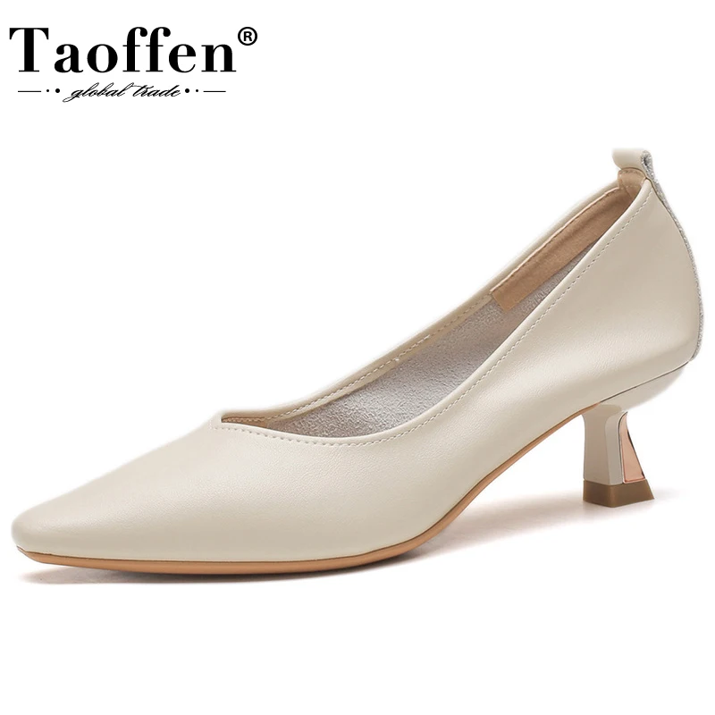 

Taoffen Pointed Toe Pumps For Women Genuine Leather Fashion Metal Mid Heels Shallow Office Ladies Slip On Elegant Dress Shoes