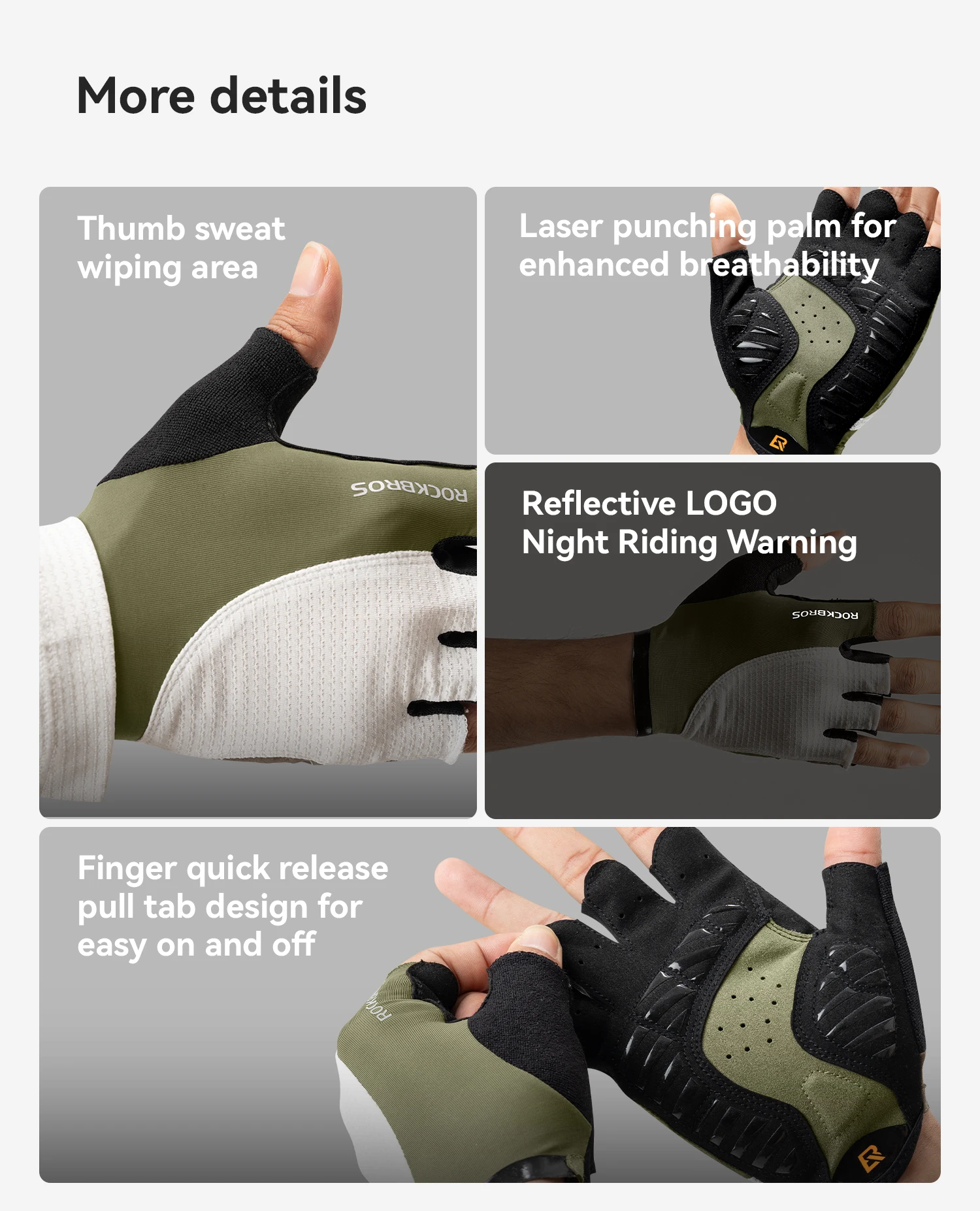 ROCKBROS Fahrradhandschuhe für Männer und Frauen, Sommer, atmungsaktiv, halbe Finger, rutschfest, SBR, stoßfest, photochromatische Fahrradhandschuhe – Detail 10