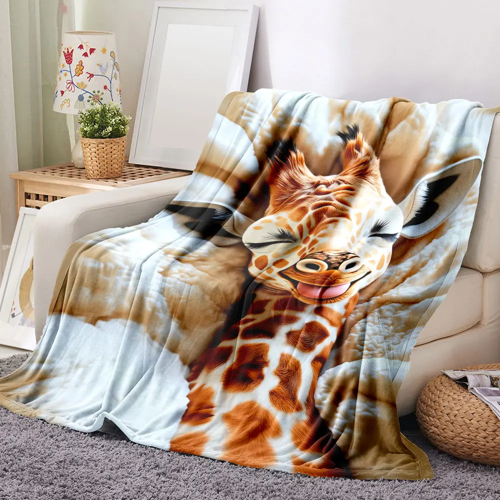 Cute Cartoon Baby Giraffe Printed Quilted Blanket - Fluffy White Cozy Throw with Rounded Puffy Folds, Perfect for Warm & Comfort