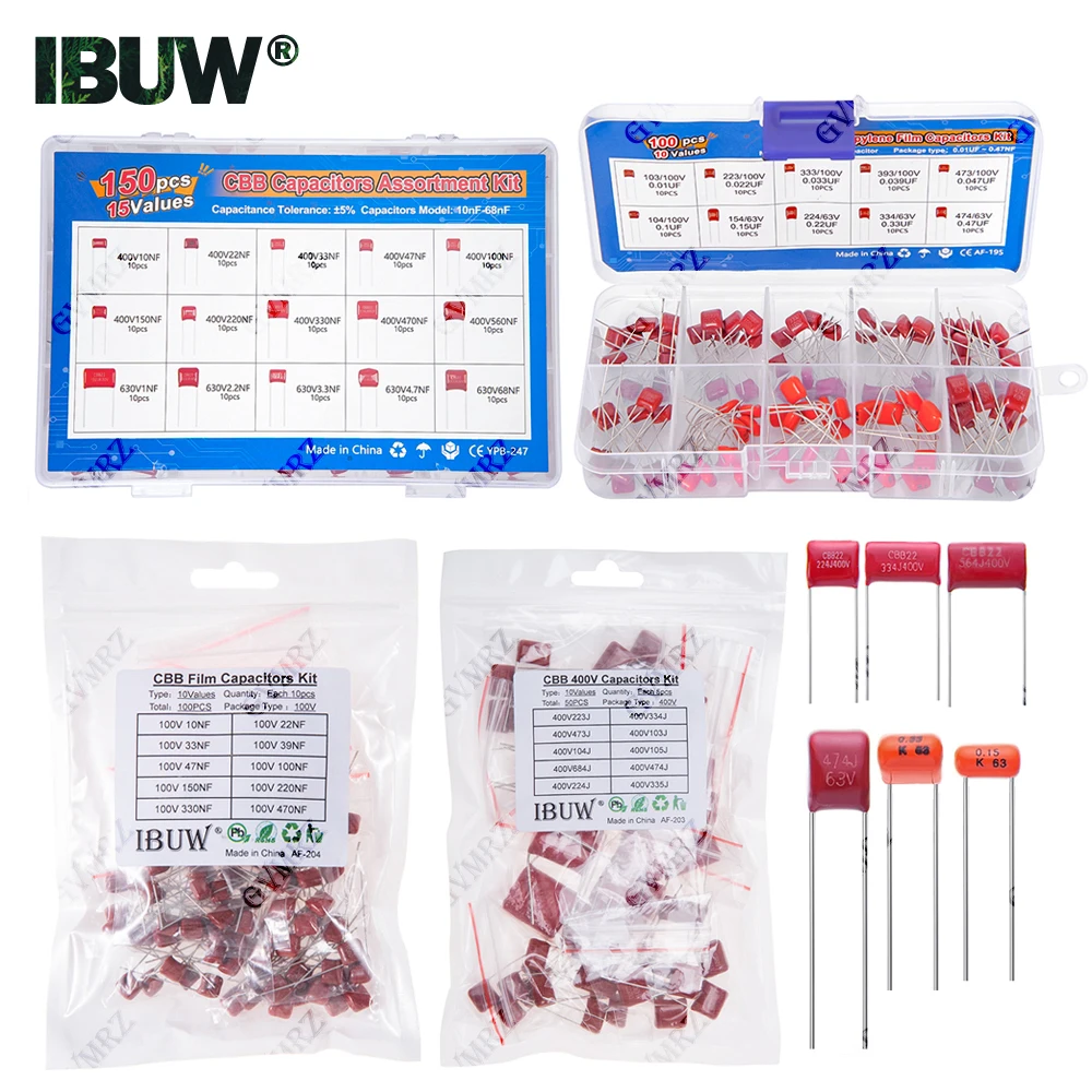 Kit de condensadores de película de polipropileno CBB, para electrónica de bricolaje, fuente de alimentación, equipo de audio, juego de condensadores CBB universales