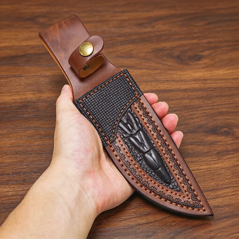 Vintage Embossed Leather Knife Sheath, Fixed Blade Knife Cover with Belt Loop & Snap Button, Outdoor Carry Knife Holder