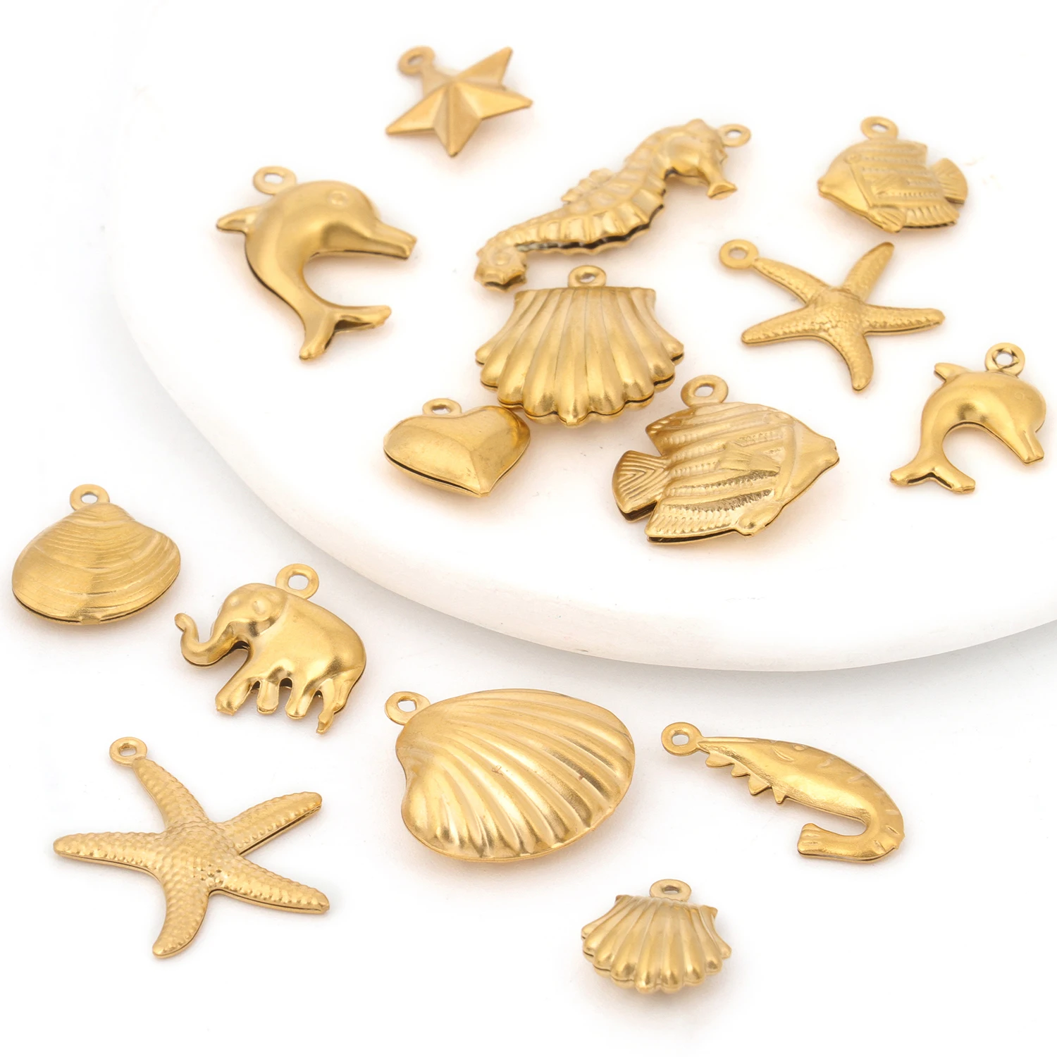 Stainless Steel Gold Color Scallop Fish Starfish Seahorse Shape Pendant Fashion Jewelry Making DIY Bracelets Earrings Accessory