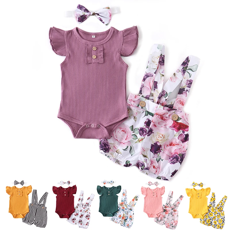 3PCS Summer Baby Girl Clothes Princess Romper Dress Lovely Ribbed Floral Jumpsuit Short Sleeved With Headband For Newborn Baby