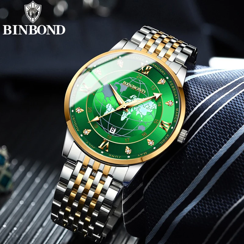 BINBOND B0117 Fashion Business Quartz Men Watches Luminous Stainless Steel Strap 50M Waterproof Classics Date Dial Men Watches