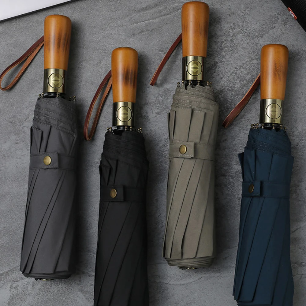 Fully Automatic Wooden Handle Umbrellas Men Foldable Black Business High End Wooden Handle Umbrella For Both Sunny And Rainy Use