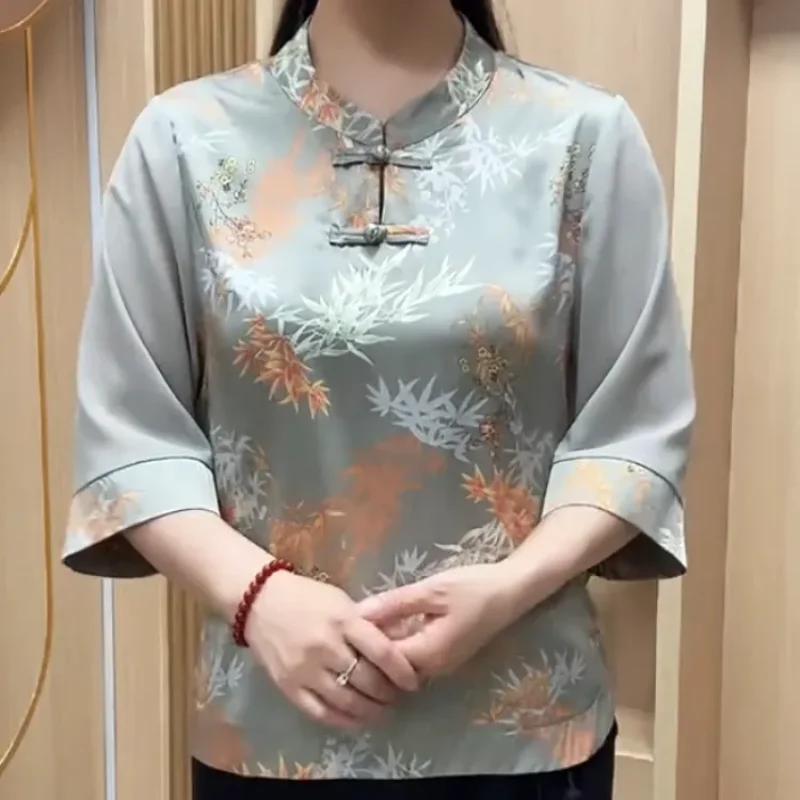 Pan Button Printed Seven Quarter Sleeve Top, Loose Fitting Short Casual and Versatile Chinese Style Women's Top
