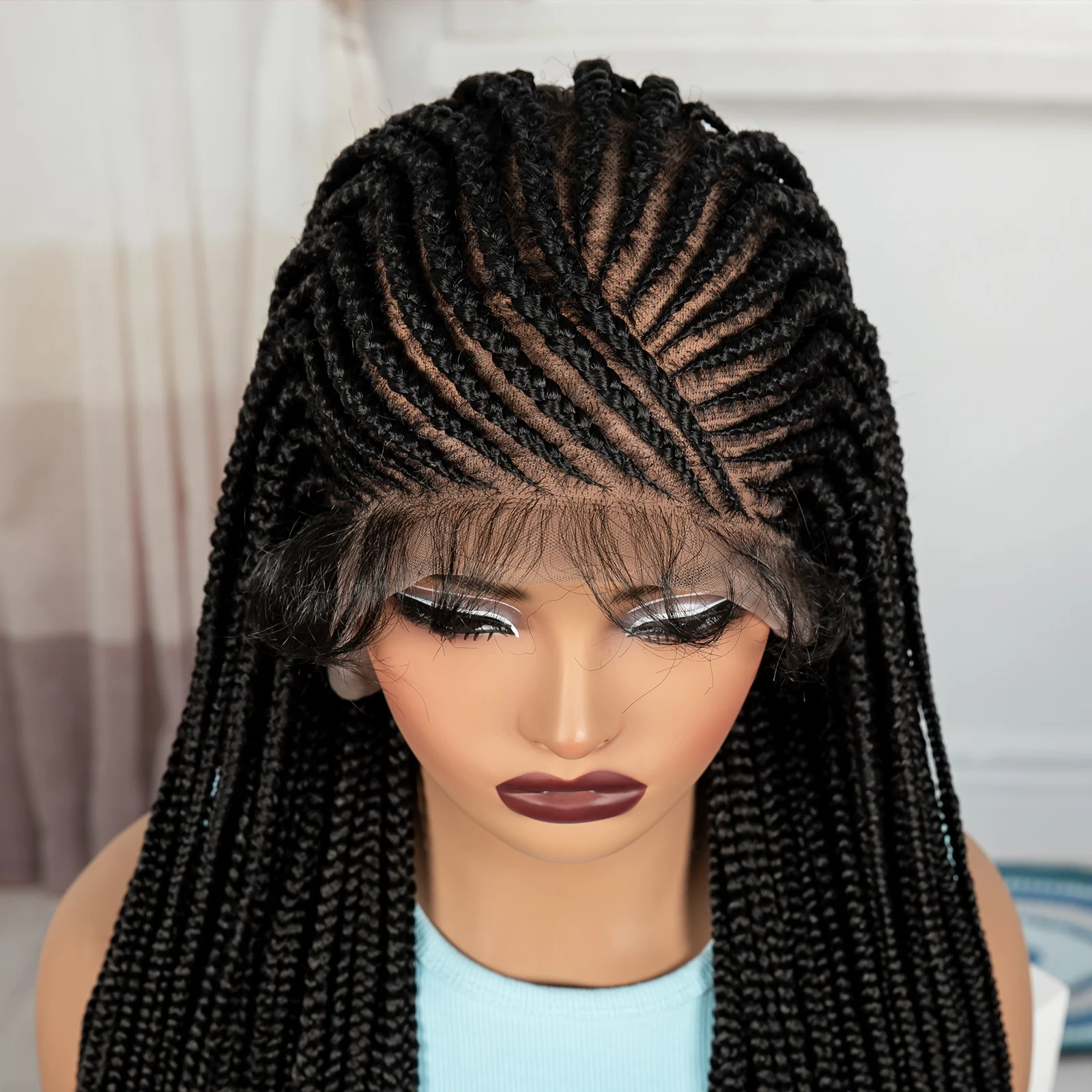 Wig Kepang Cornrow 34 Inci, Wig Renda Sintetis Alami dengan Rambut Bayi, Wig Kepang Tanpa Simpul untuk Wanita Kulit Hitam