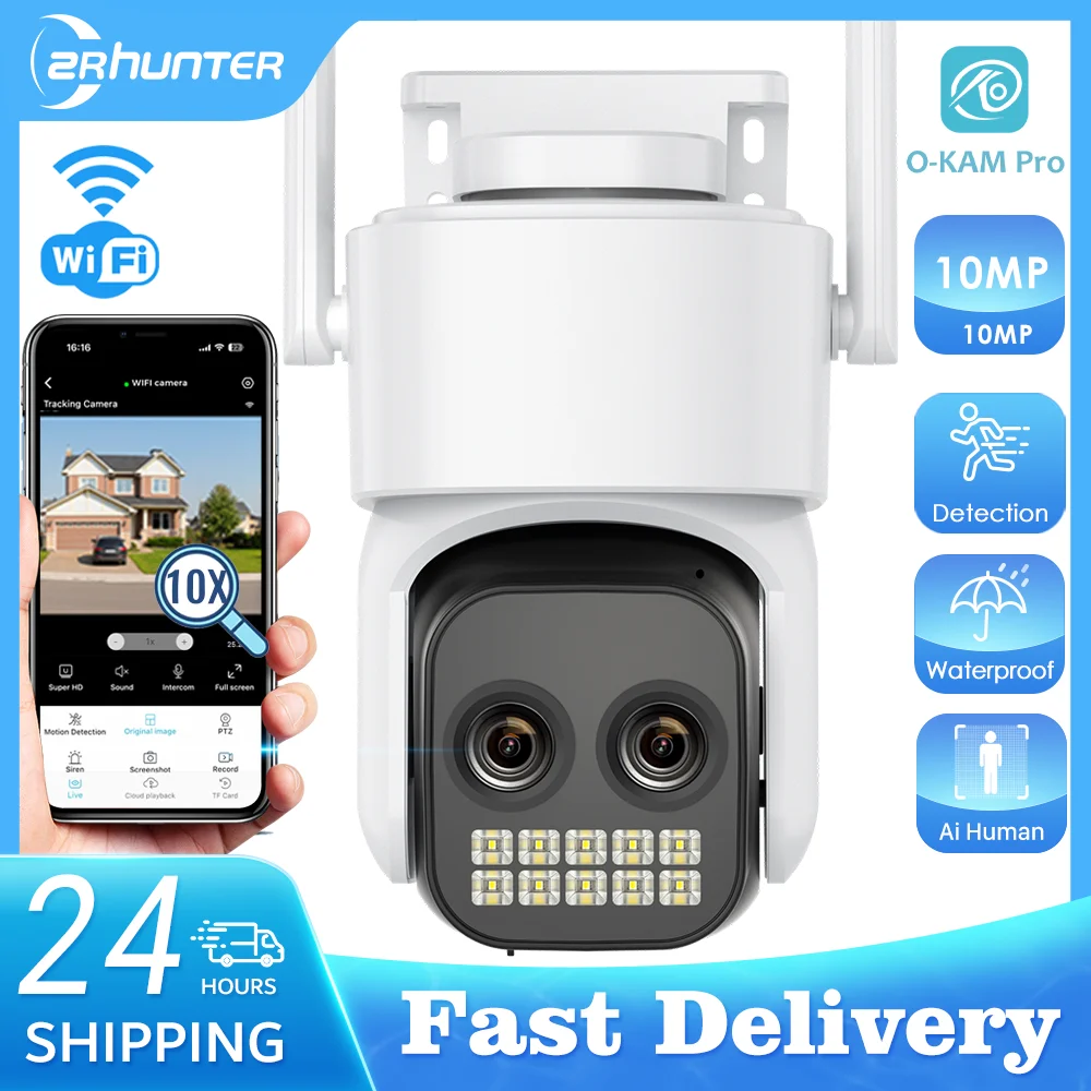 10MP Outdoors Wifi Camera 5K HD Double Lens Security 5G PTZ IP Camera 10X Digital Zoom Lens Human AI Auto Detect Tracking Camera