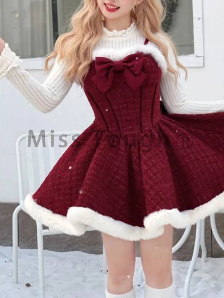 Winter Lolita Sweet Red Retro 3 Piece Set Women Kawaii Cloak + Slim Top + Chic Bow Dress New Warm Harajuku Vintage Pretty Suit