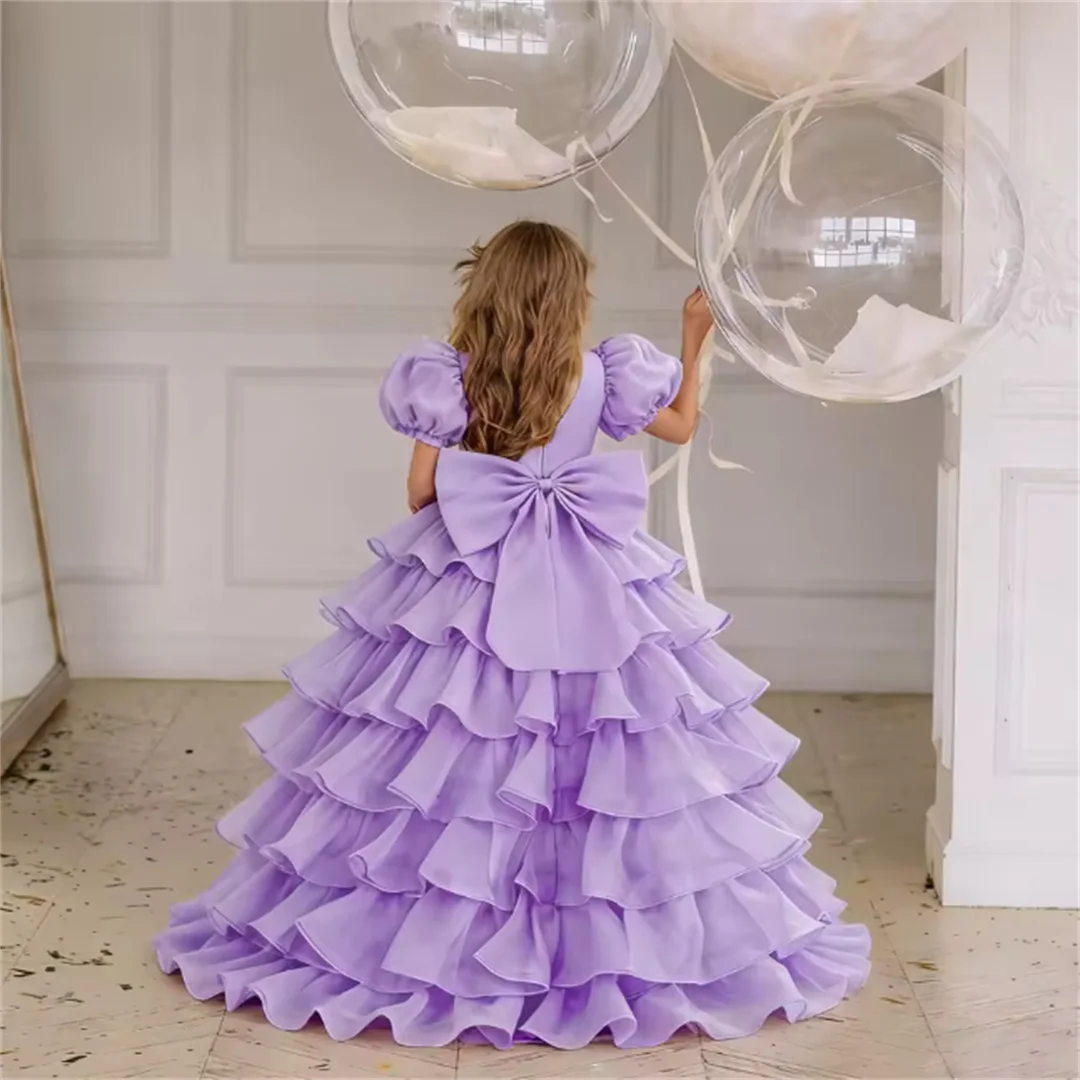 Elegant Trailing Tulle Party Baby Girls Dress Toddler 1st Birthday Wedding Princess Dresses Big Bow Bridesmaid Prom Kids Clothes