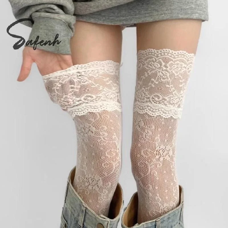 Calze a rete in nylon con finiture in pizzo sexy per donna Calzini lunghi sopra il ginocchio JK con rete dolce floreale retrò traspirante