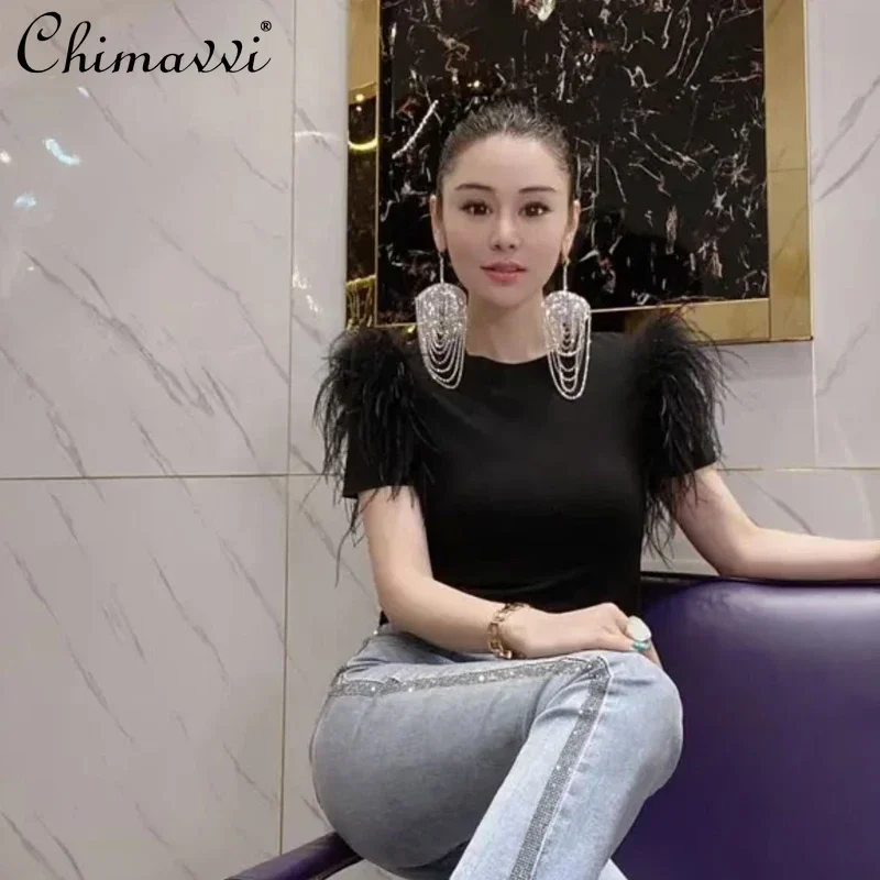 女性用タッセル付きヨーロピアンTシャツ,フェザートップ,スリム,フランスの有名人,マオマオ,春と夏の新しいファッション,2022