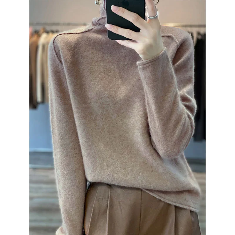 

Cashmere sweater women's high neck sweater knitting 100% pure wool pullover long sleeve warm keeping soft loose oversize top