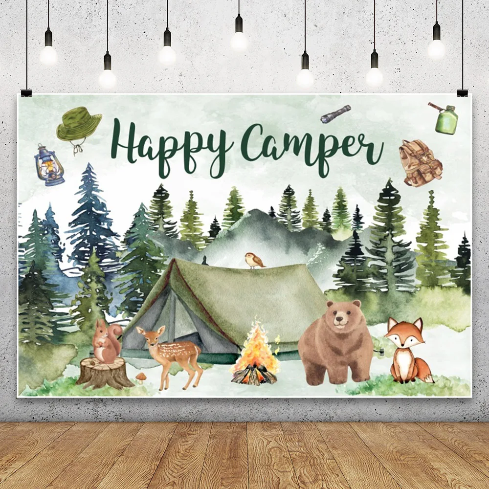 

Happy Camper Backdrop Boy 1st Birthday Party Photography Background Forest Adventure Wall Hanging Camping Decoration Photoshoot