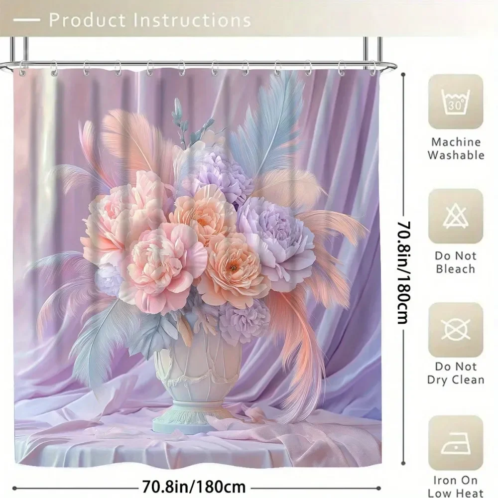 

4pcs Floral Shower Curtain Set, Feather Vase Pattern Decorative Design, Bathroom Decorative Shower Curtain, Polyester Washable