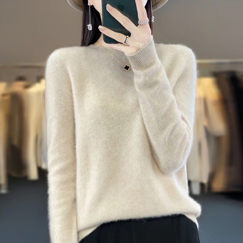 Autumn and winter new 100% pure wool female O-neck solid color sweater long sleeve loose knitted cashmere bottoming shirt