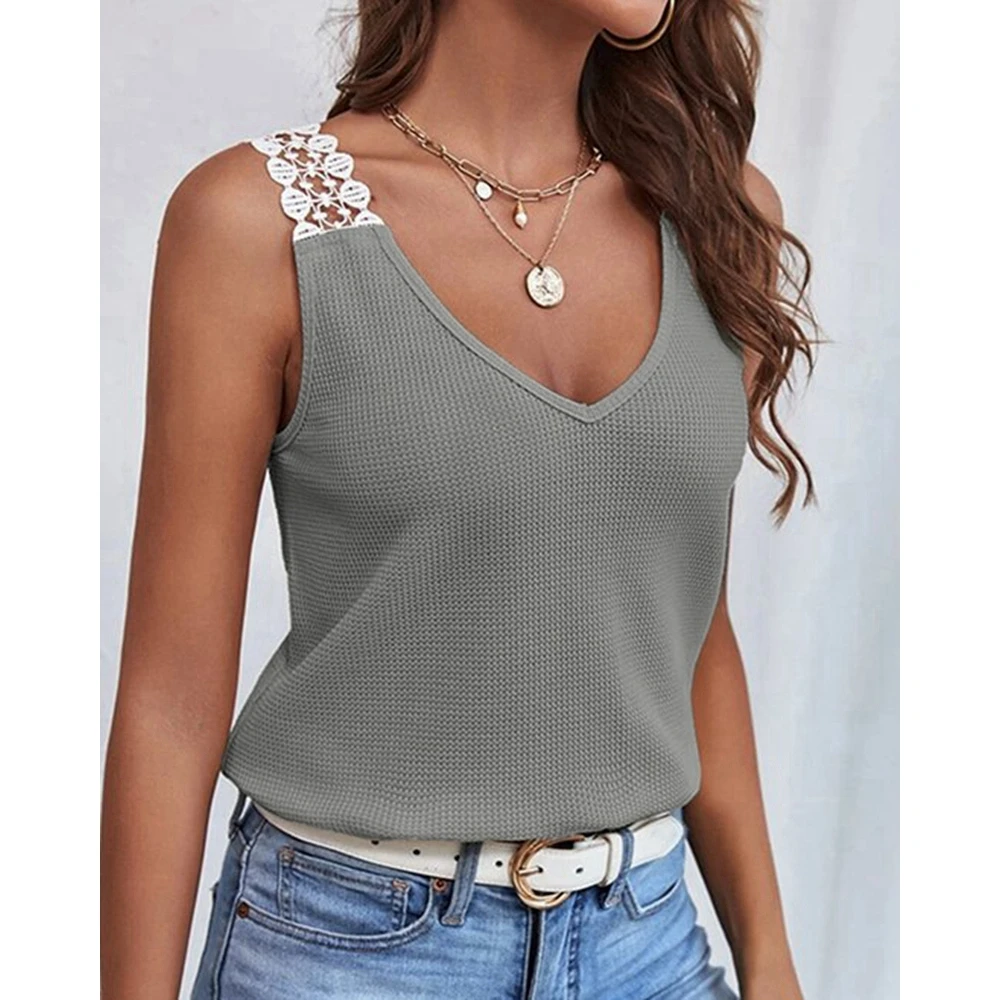 Camisetas sin mangas con cuello en V de encaje en contraste para mujer, Camisetas Básicas de decoración informal para mujer, camiseta sin mangas a la moda, ropa de calle 2024