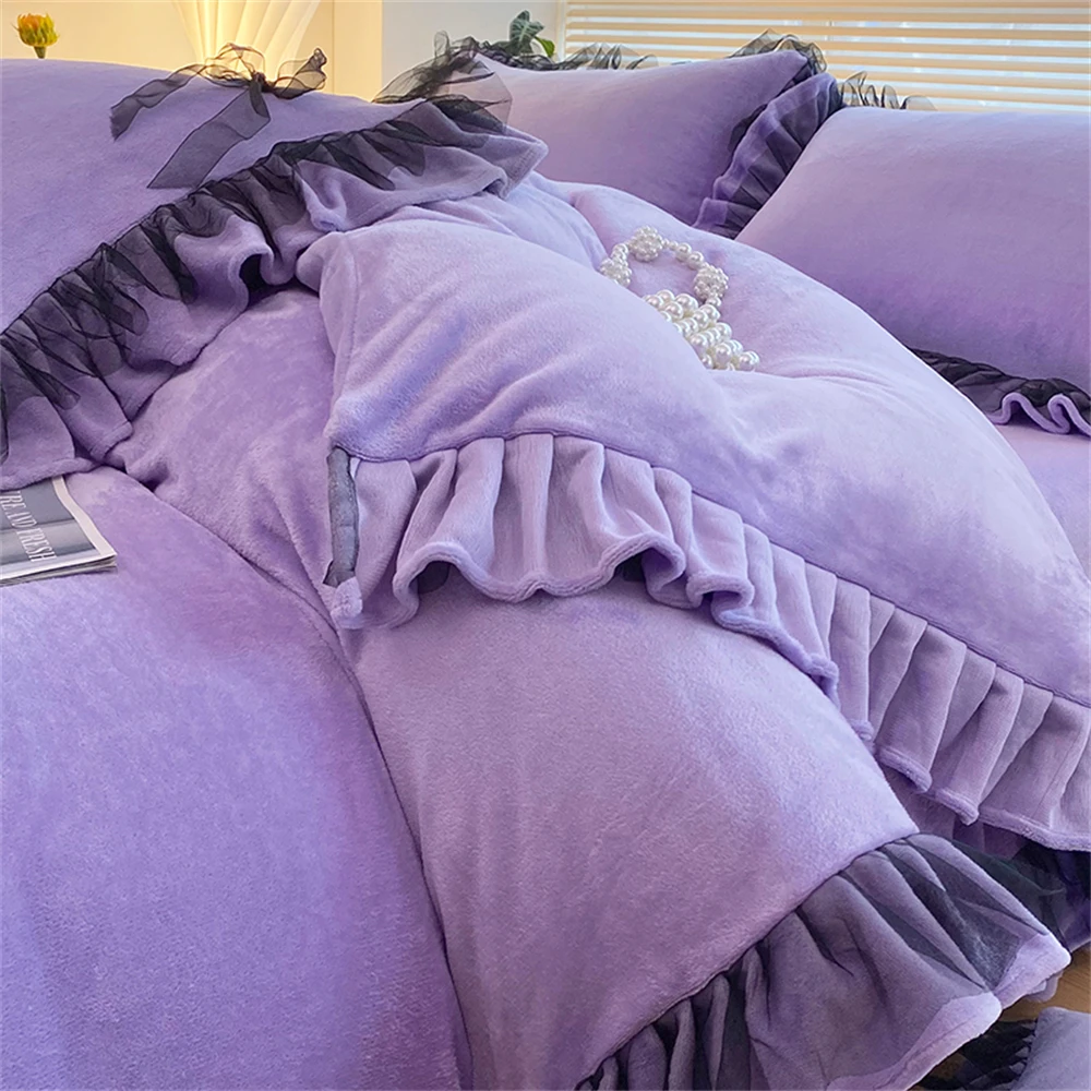 Princess Bedding Set Kawaii Bed Skirt Milk Velvet Warm Thickened Luxury Four-Piece Set Pillowcase Girls Duvet Cover Home Decor