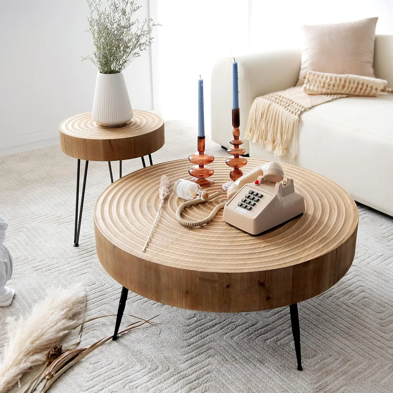 Ensemble de table basse de salon de ferme moderne, table gigogne ronde, finition naturelle, motif d'anneau en bois décroissant la main, 2 pièces