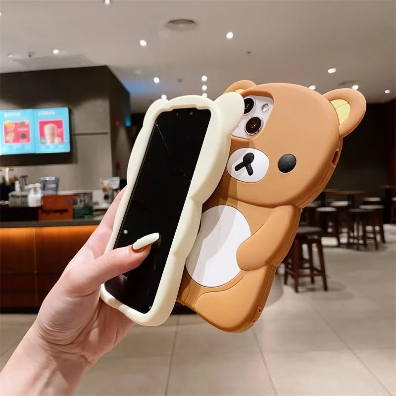 For iPhone 13 Pro 12 Mini 16 15 Pro Max 14 Plus 11 X XS XR 7 8 SE Cute 3D Couple Rilakkuma Bear Silicon Soft Back Phone Case