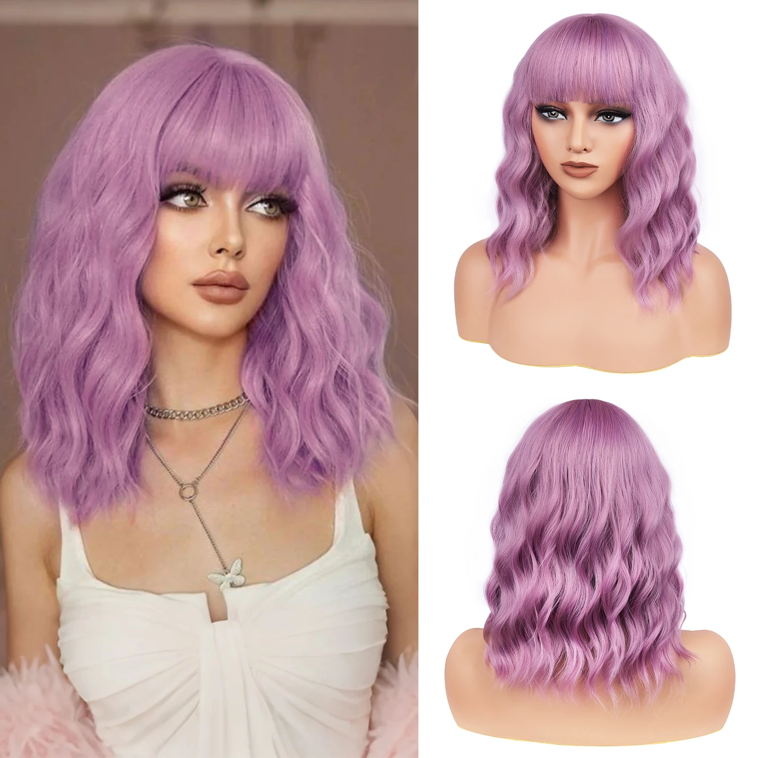 Short Wavy Wig with Bangs, Short Purple Bob Wigs for Women, Wavy Bob Wig with Bangs Synthetic Natural Looking Heat Resistatant