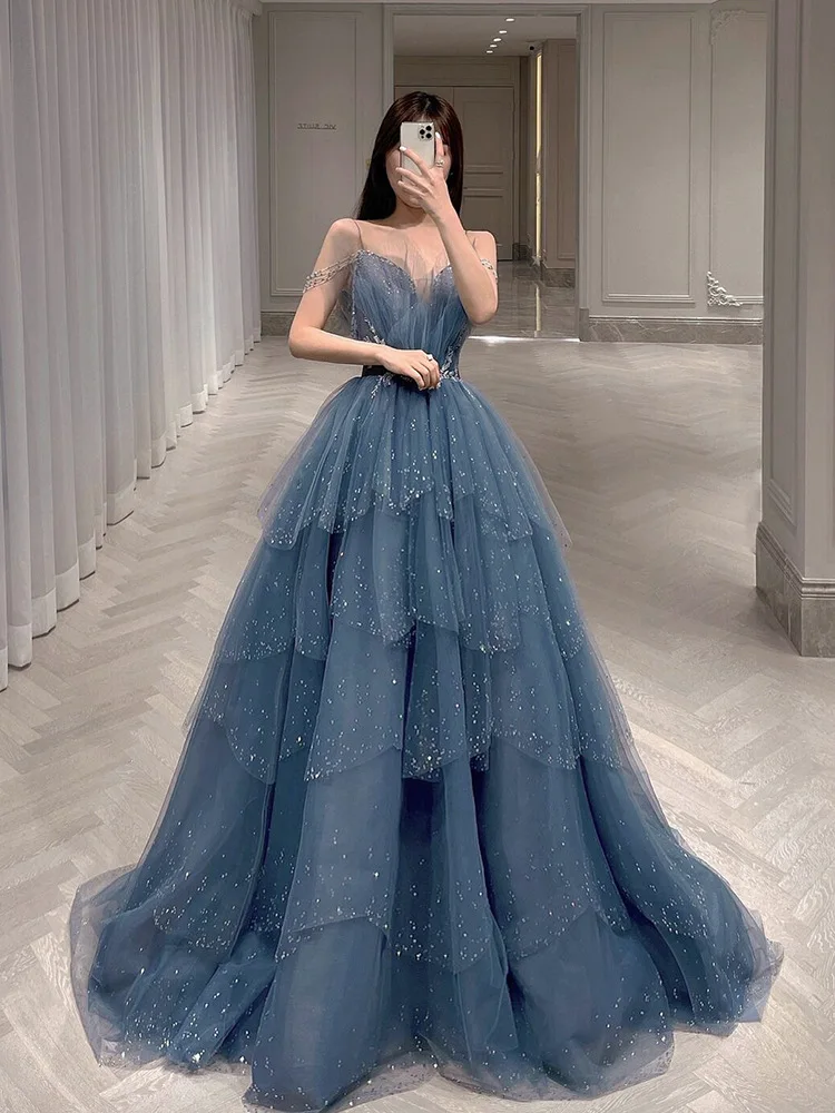 Haze Blue Evening Dresses Spaghetti Strap Luxury Beaded Tiered Bling A-Line Pleat Wedding Ceremony Formal Praty Prom Dresses New