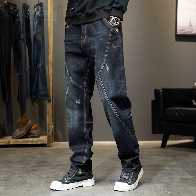 

Loose Fit Straight Leg Men's Jeans Elastic Waisand plus Size Autumn Faion Brand Casual Busin Sle Khaki Pure Color