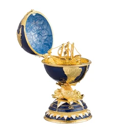 Yaffil Blue and Gold Enamel Globe Egg-shaped Table Decoration, High-quality Practical Jewelry Box with Earth Design