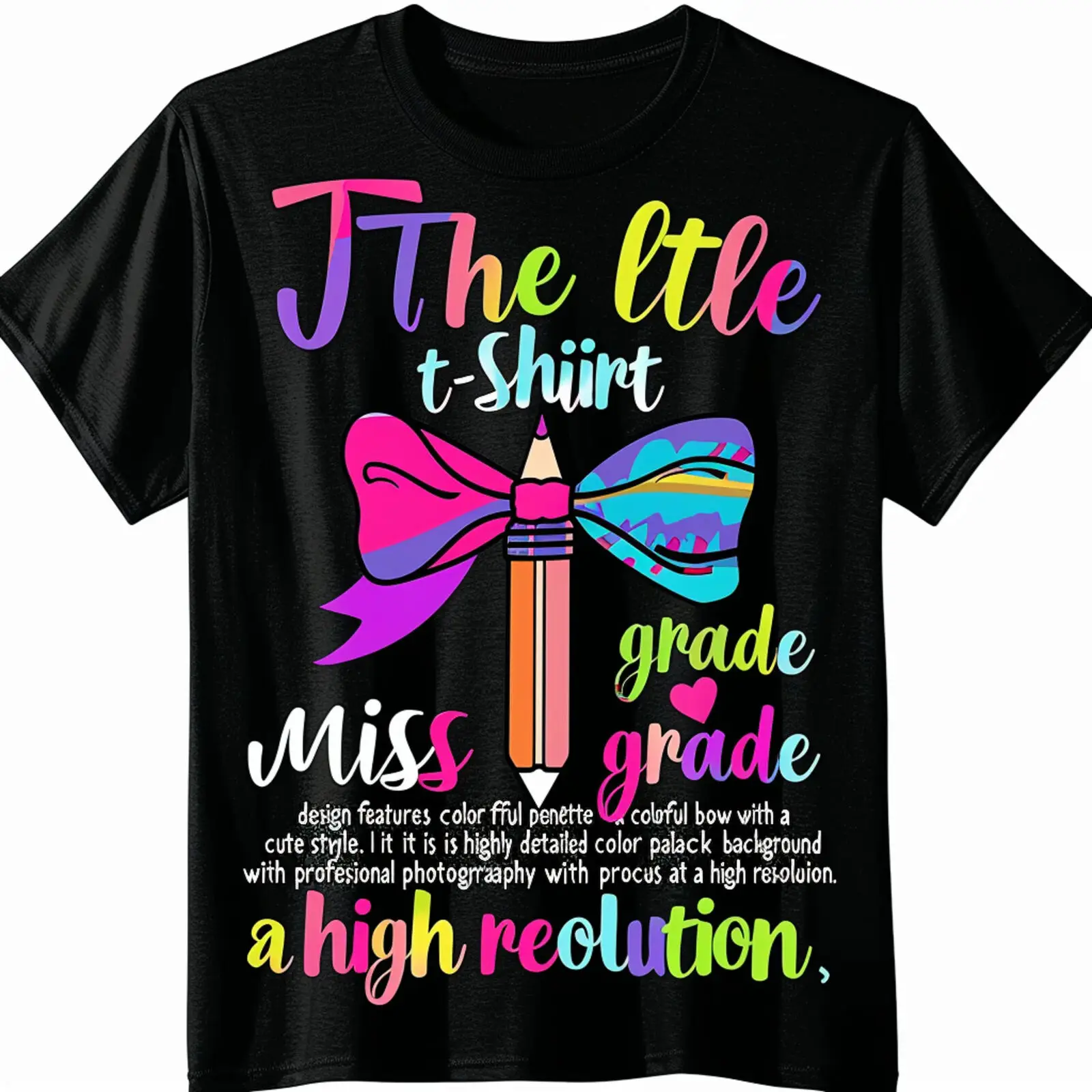 

Colorful Pencil and Bow Design on Black T Shirt Vibrant and Detailed